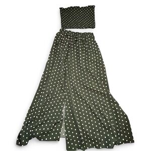 Green Polka Dot Two-Piece Set Tube Top and Maxi Skirt with Slit